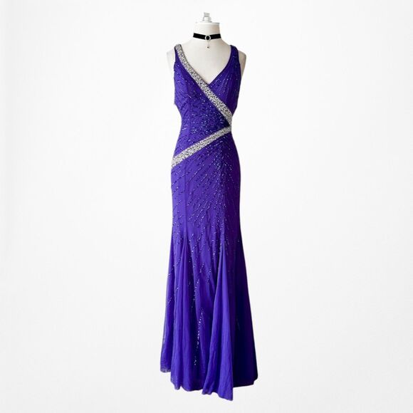 Vintage Y2K Purple Blue V-Neck Beaded Bodycon Maxi Prom Dress Size S - Picture 4 of 11